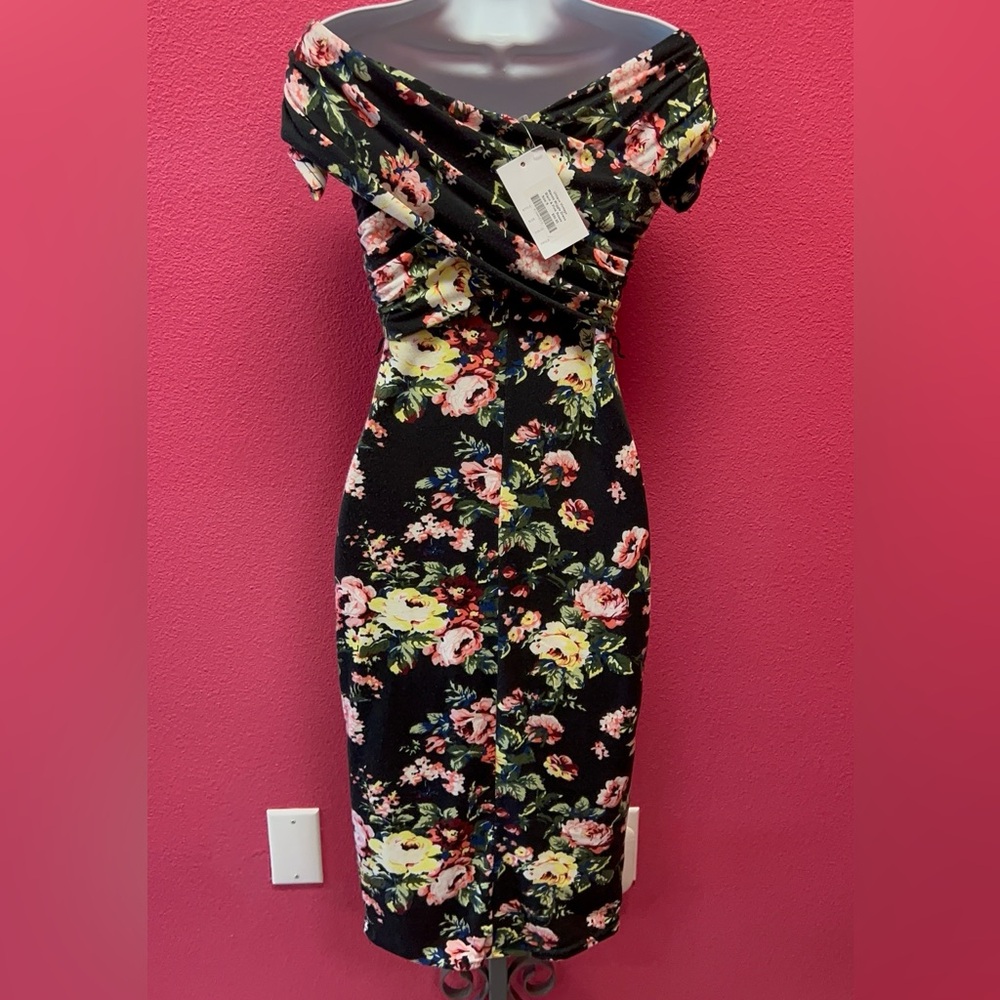 Unique Vintage Black Floral Midi Dress - Picture 3 of 5